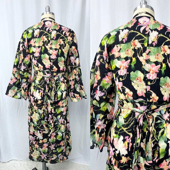 H&M pleated wrap dress floral tropical black green kimono coverup maxi medium - Picture 7 of 11